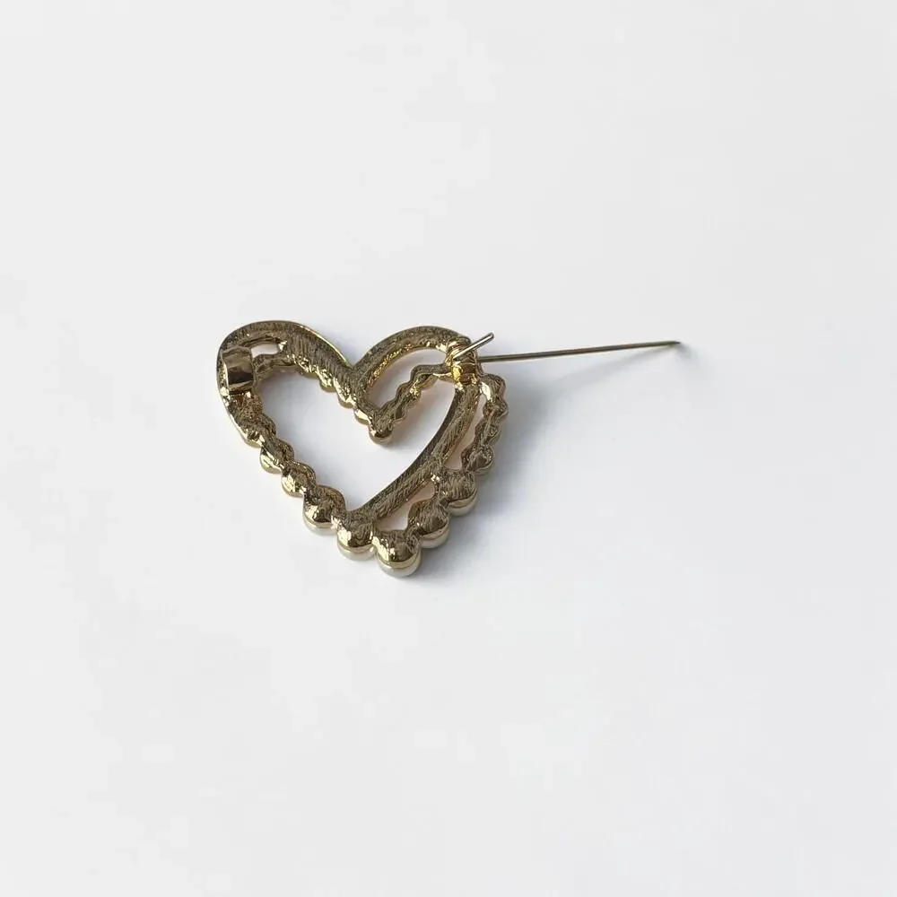 Gold Pearl & Rhinestone Heart Brooch